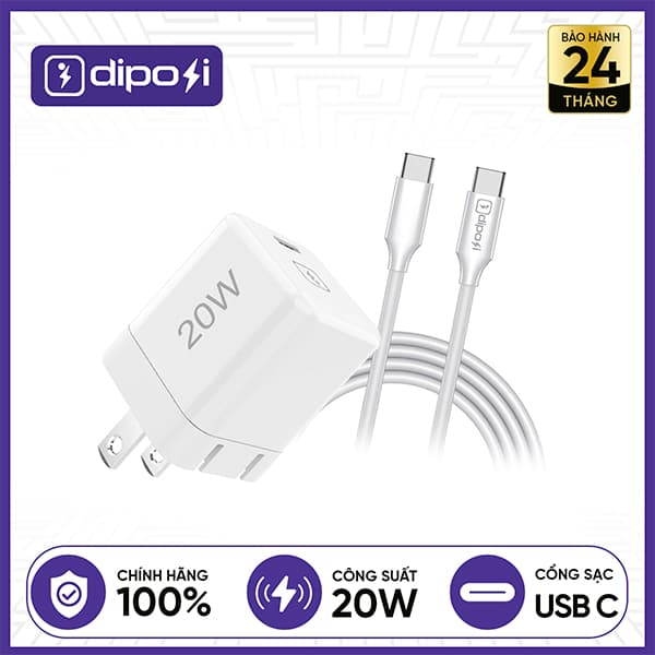 Bộ Sạc Nhanh Diposi Kèm Cáp C to C PD20W Chính Hãng