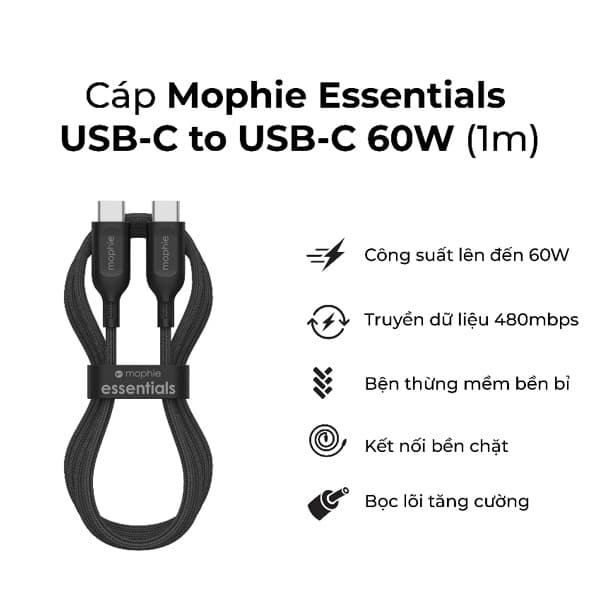 Cáp Sạc Nhanh Mophie Essential Type-C to Type-C 60W 1M Chính Hãng