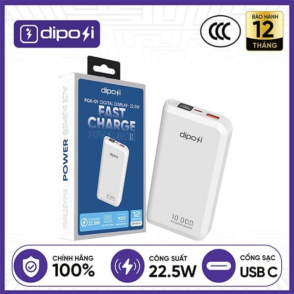 Pin Sạc Dự Phòng DIPOSI DiPow Digital Display 10000mAh Sạc Nhanh 22.5w PGK-01 Chính Hãng